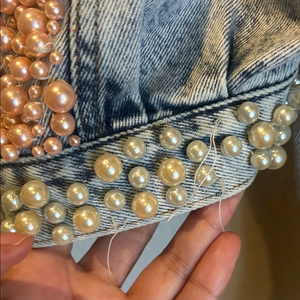 Vintage Embellished Denim Jacket with Pearl Accents - Picture 4 of 15